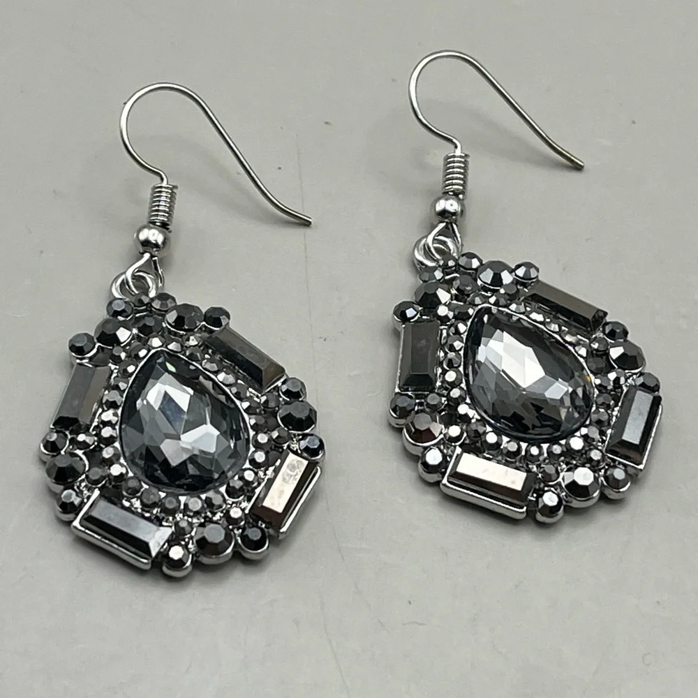 Elegant Silver and Black Rhinestone Teardrop Earrings
